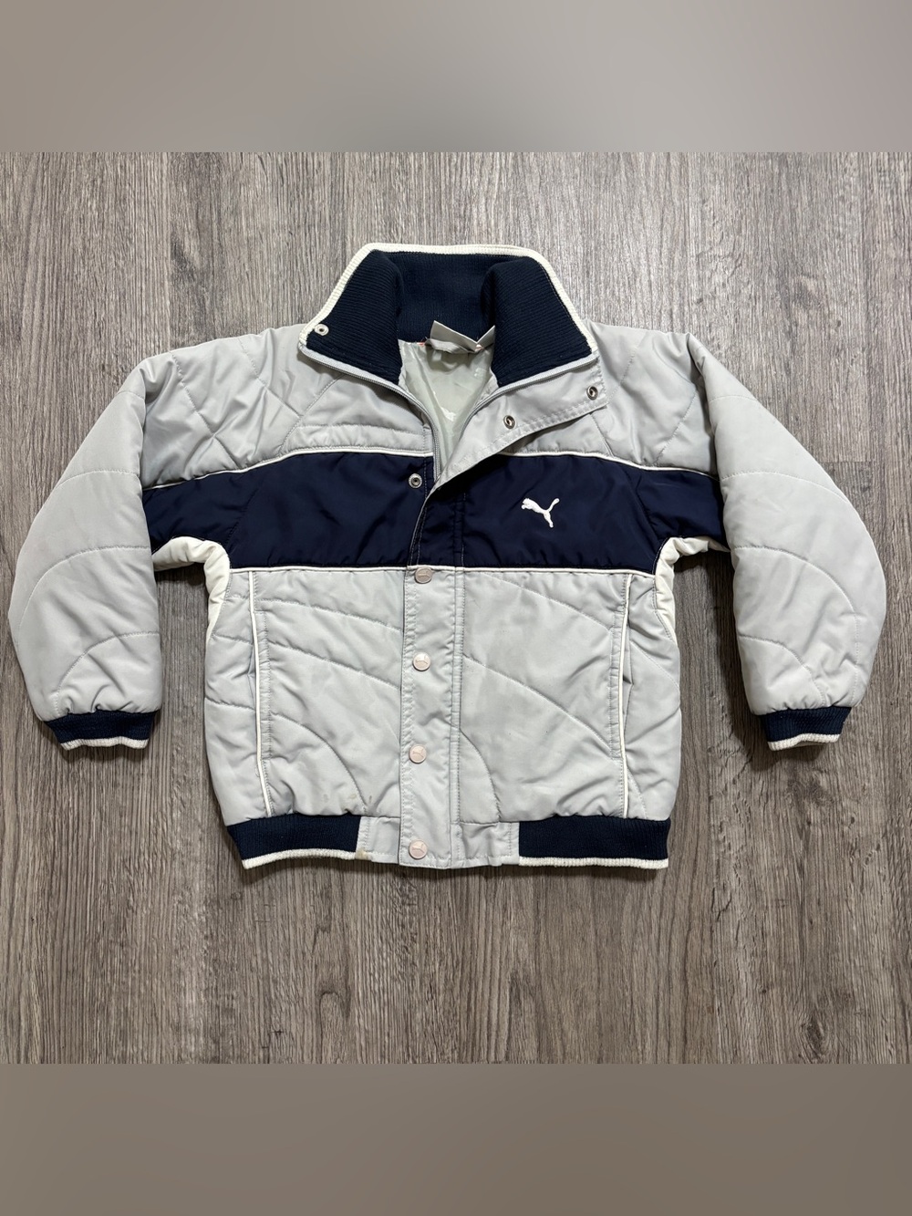 Puma Kids Size 6 Gray Navy Puffer Jacket Retro Colorblock Quilted Coat